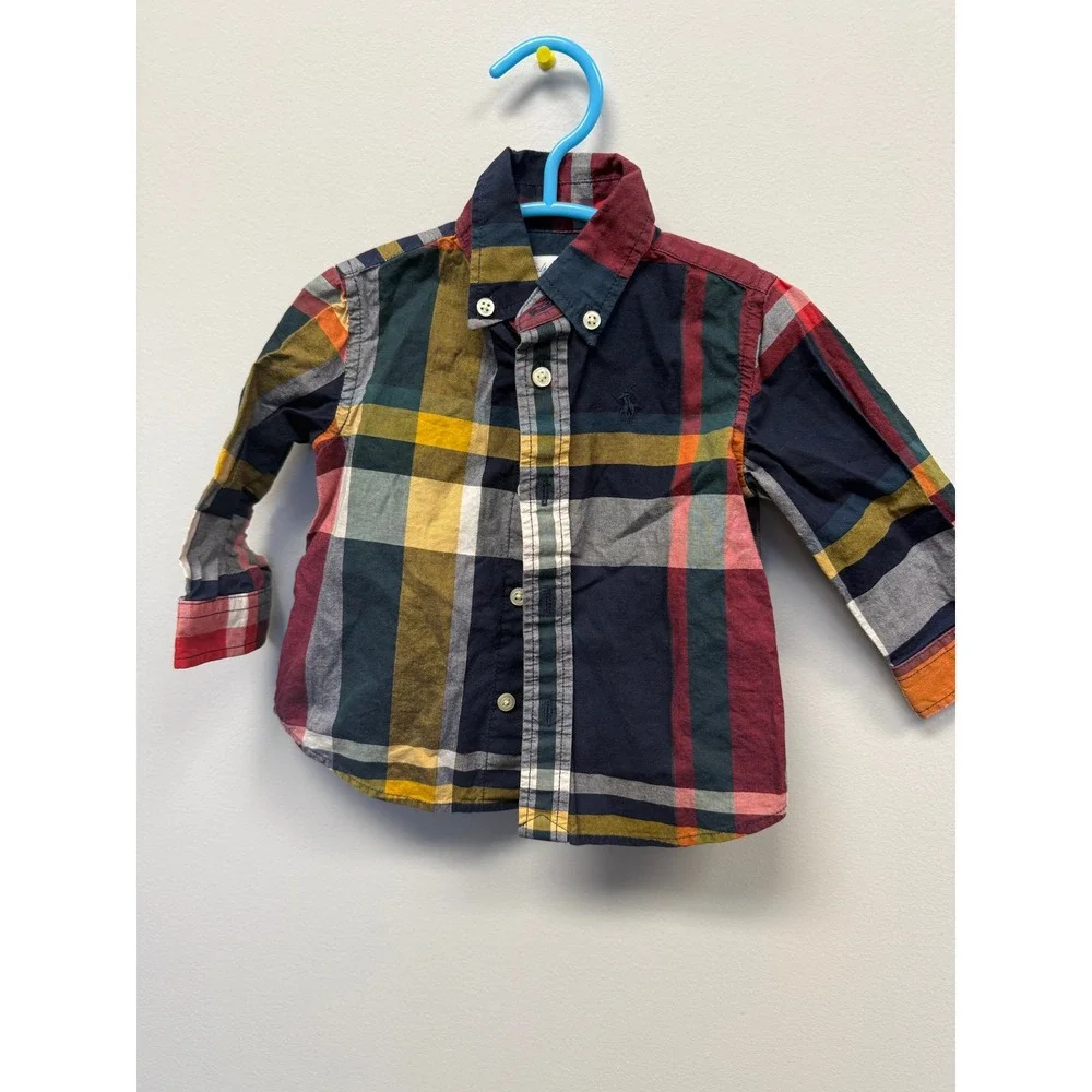 Ralph Lauren Baby Boys 6M Plaid Button Down Shirt Navy Burgundy Yellow Madras